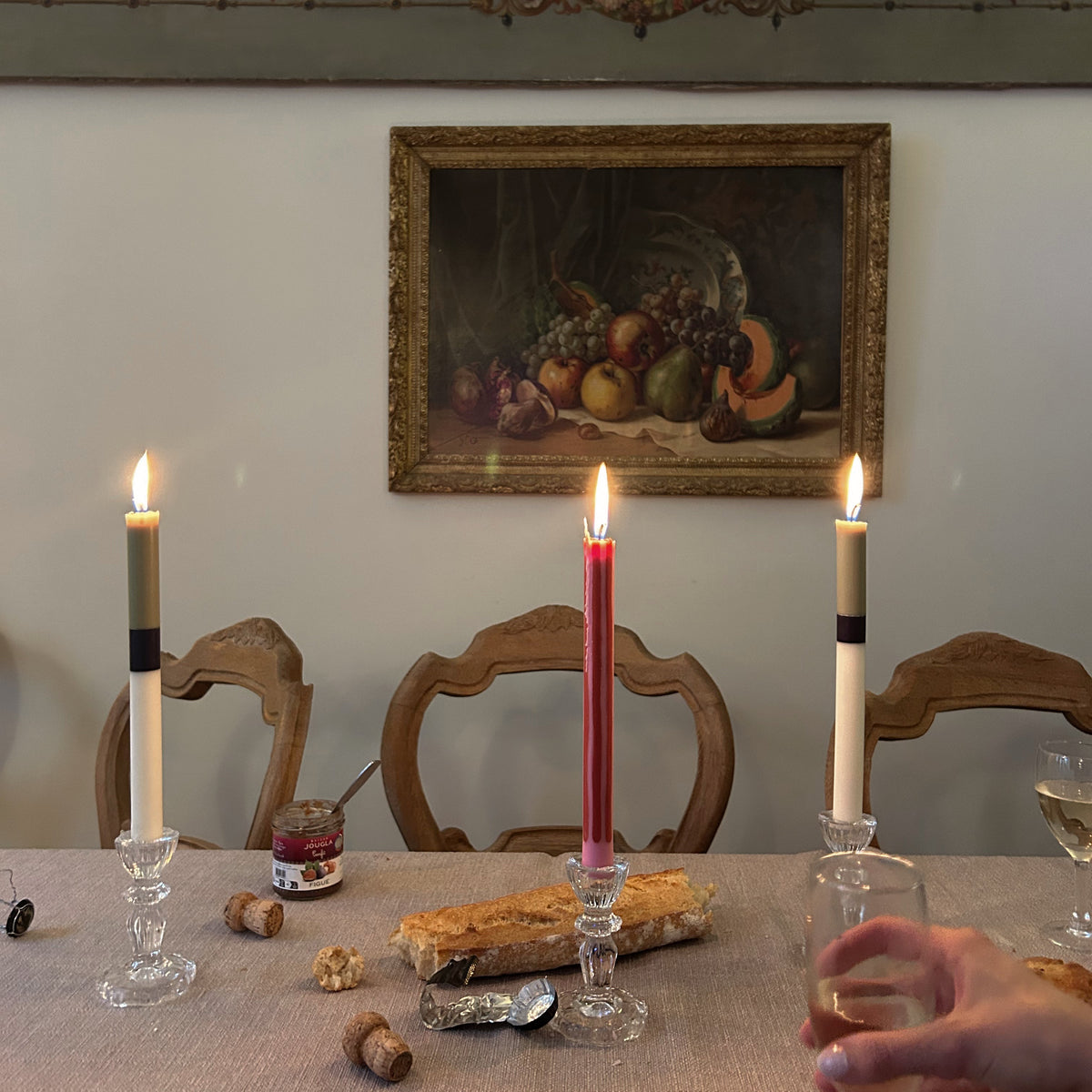Potting Shed colour block dinner candles by Pygmalion London, a hand-poured pair in sage green, charcoal and off-white
