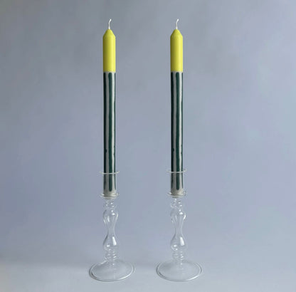 Bergamot striped dinner candles by Pygmalion London, a hand-poured pair in racing green, off-white and pistachio yellow