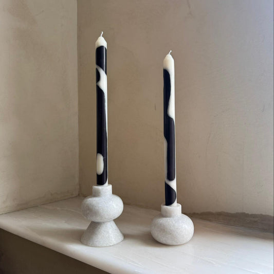 Edition colour block dinner candles by Pygmalion London, a hand-poured pair in off-white and dark charcoal