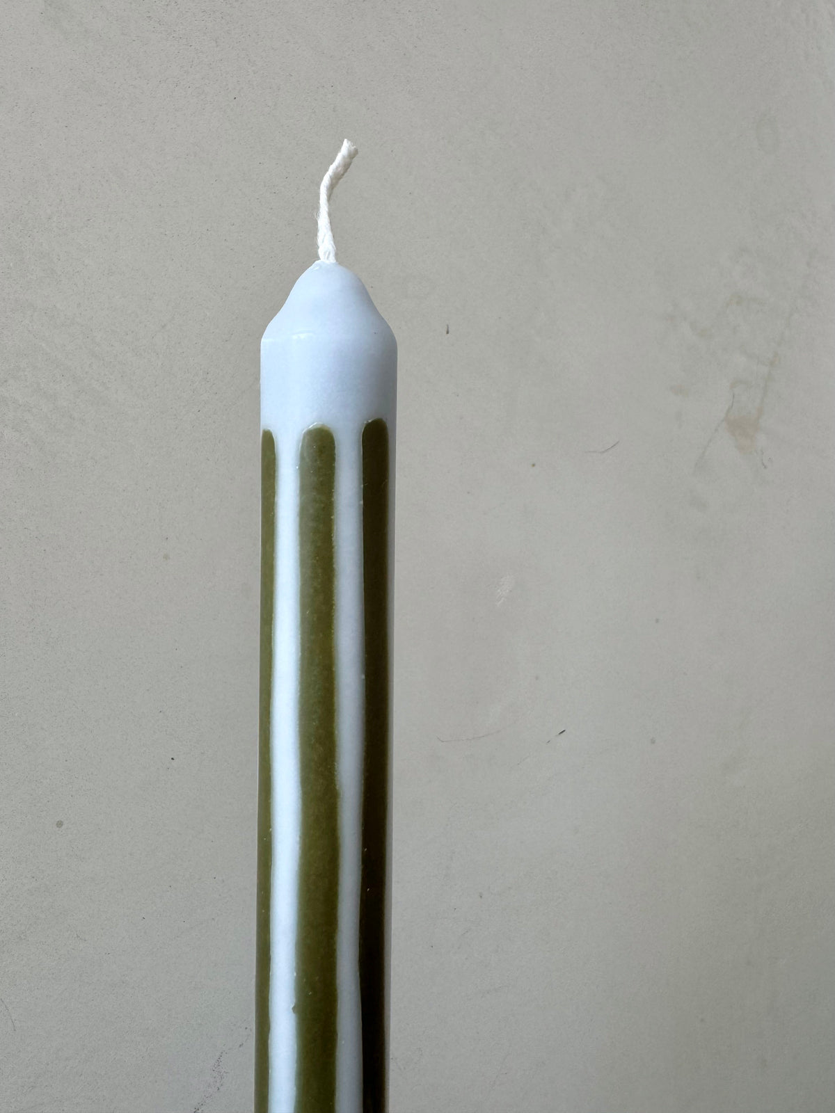 Herring striped dinner candles by Pygmalion London, a hand-poured pair in duck-egg blue and olive green