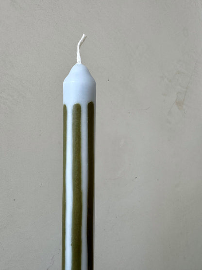 Herring striped dinner candles by Pygmalion London, a hand-poured pair in duck-egg blue and olive green