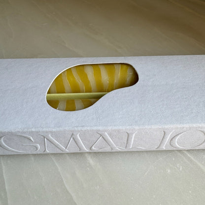 Piccalilli sculptural dinner candles by Pygmalion London, a hand-poured pair in mustard yellow and off-white