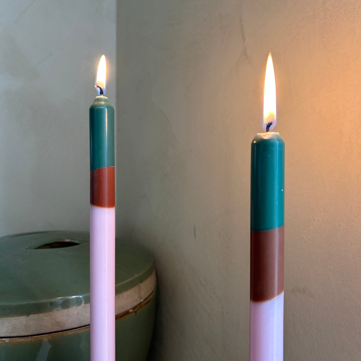 Woodstock colour block dinner candles by Pygmalion London, a hand-poured pair in soft pink, warm brown and mallard green