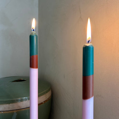 Woodstock colour block dinner candles by Pygmalion London, a hand-poured pair in soft pink, warm brown and mallard green