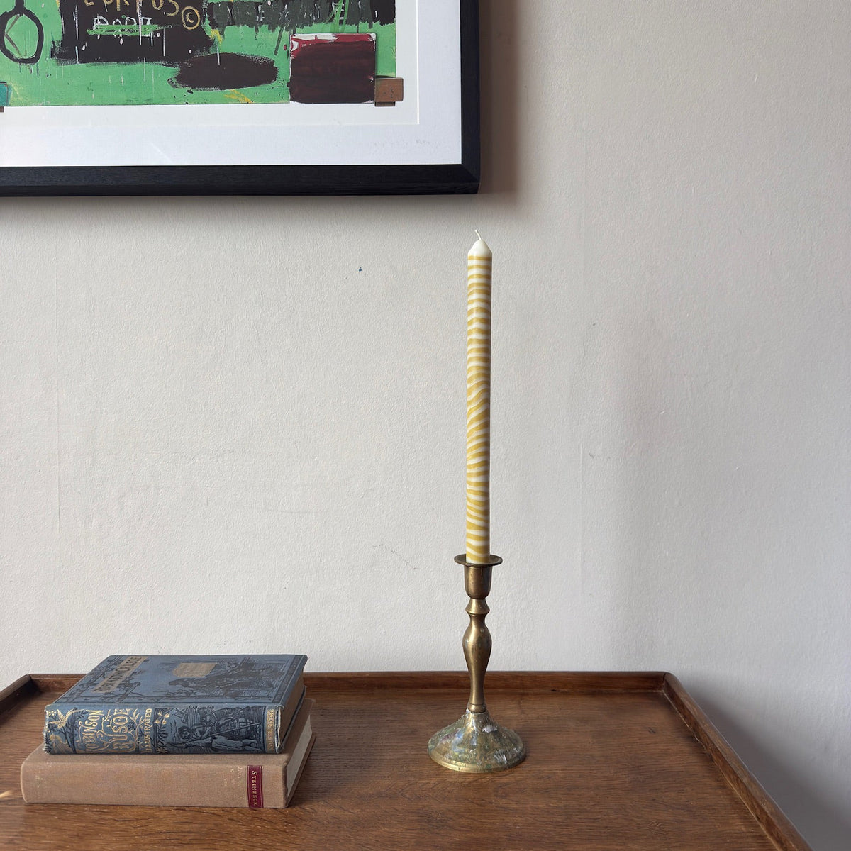 Piccalilli sculptural dinner candles by Pygmalion London, a hand-poured pair in mustard yellow and off-white