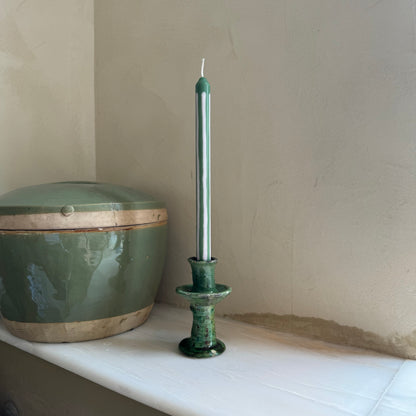Wimbledon striped dinner candles by Pygmalion London, a hand-poured pair in palest oyster pink and emerald green