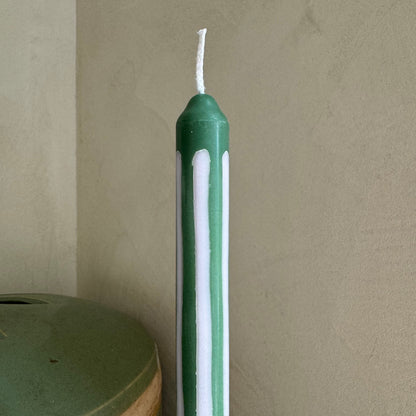 Wimbledon striped dinner candles by Pygmalion London, a hand-poured pair in palest oyster pink and emerald green