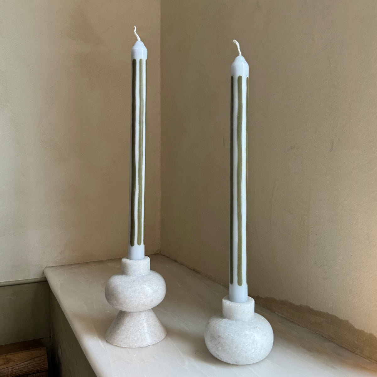 Herring striped dinner candles by Pygmalion London, a hand-poured pair in duck-egg blue and olive green