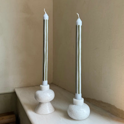 Herring striped dinner candles by Pygmalion London, a hand-poured pair in duck-egg blue and olive green