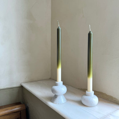 Olives ombré dinner candles by Pygmalion London, a hand-poured pair in deep olive green, chartreuse and off-white