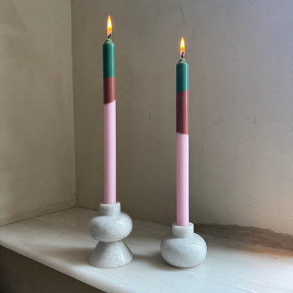 Woodstock colour block dinner candles by Pygmalion London, a hand-poured pair in soft pink, warm brown and mallard green