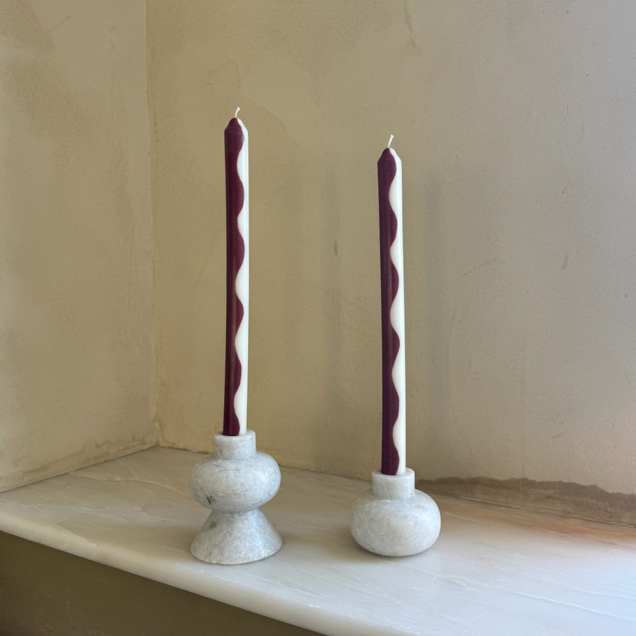 Marylebone wavy dinner candles by Pygmalion London, a hand-poured pair in burgundy and off-white