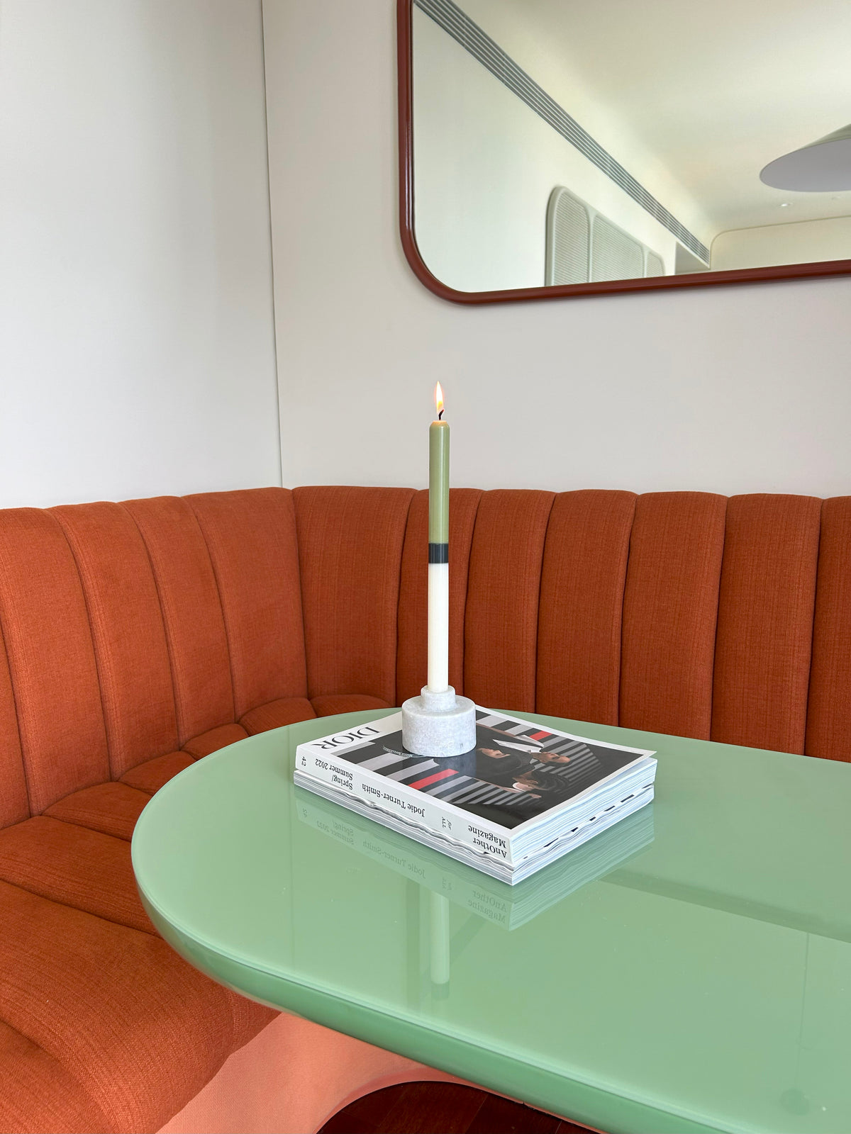 Potting Shed colour block dinner candles by Pygmalion London, a hand-poured pair in sage green, charcoal and off-white
