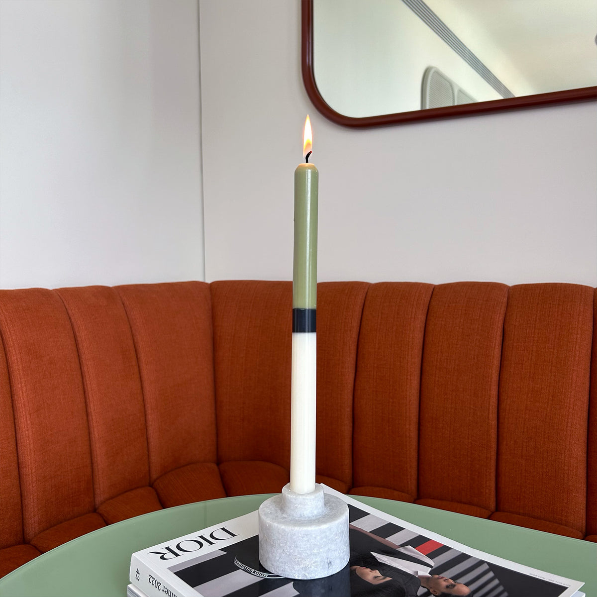 Potting Shed colour block dinner candles by Pygmalion London, a hand-poured pair in sage green, charcoal and off-white