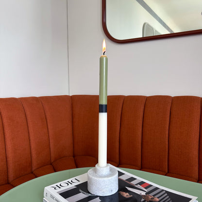 Potting Shed colour block dinner candles by Pygmalion London, a hand-poured pair in sage green, charcoal and off-white