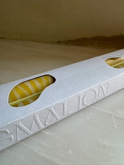 Piccalilli sculptural dinner candles by Pygmalion London in their embossed gift box