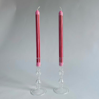 Rhubarb striped dinner candles by Pygmalion London, a hand-poured pair in red and parlour pink