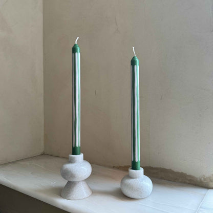 Wimbledon striped dinner candles by Pygmalion London, a hand-poured pair in palest oyster pink and emerald green