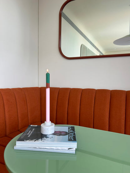 Woodstock colour block dinner candles by Pygmalion London, a hand-poured pair in soft pink, warm brown and mallard green