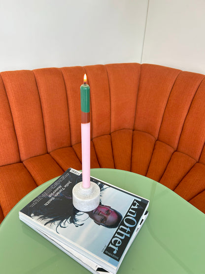 Woodstock colour block dinner candles by Pygmalion London, a hand-poured pair in soft pink, warm brown and mallard green