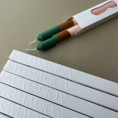 Woodstock colour block dinner candles by Pygmalion London, a hand-poured pair in soft pink, warm brown and mallard green