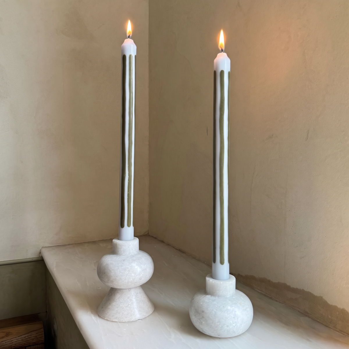 Herring striped dinner candles by Pygmalion London, a hand-poured pair in duck-egg blue and olive green