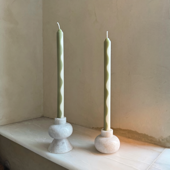 Gardener wavy dinner candles by Pygmalion London, a hand-poured pair in garden green